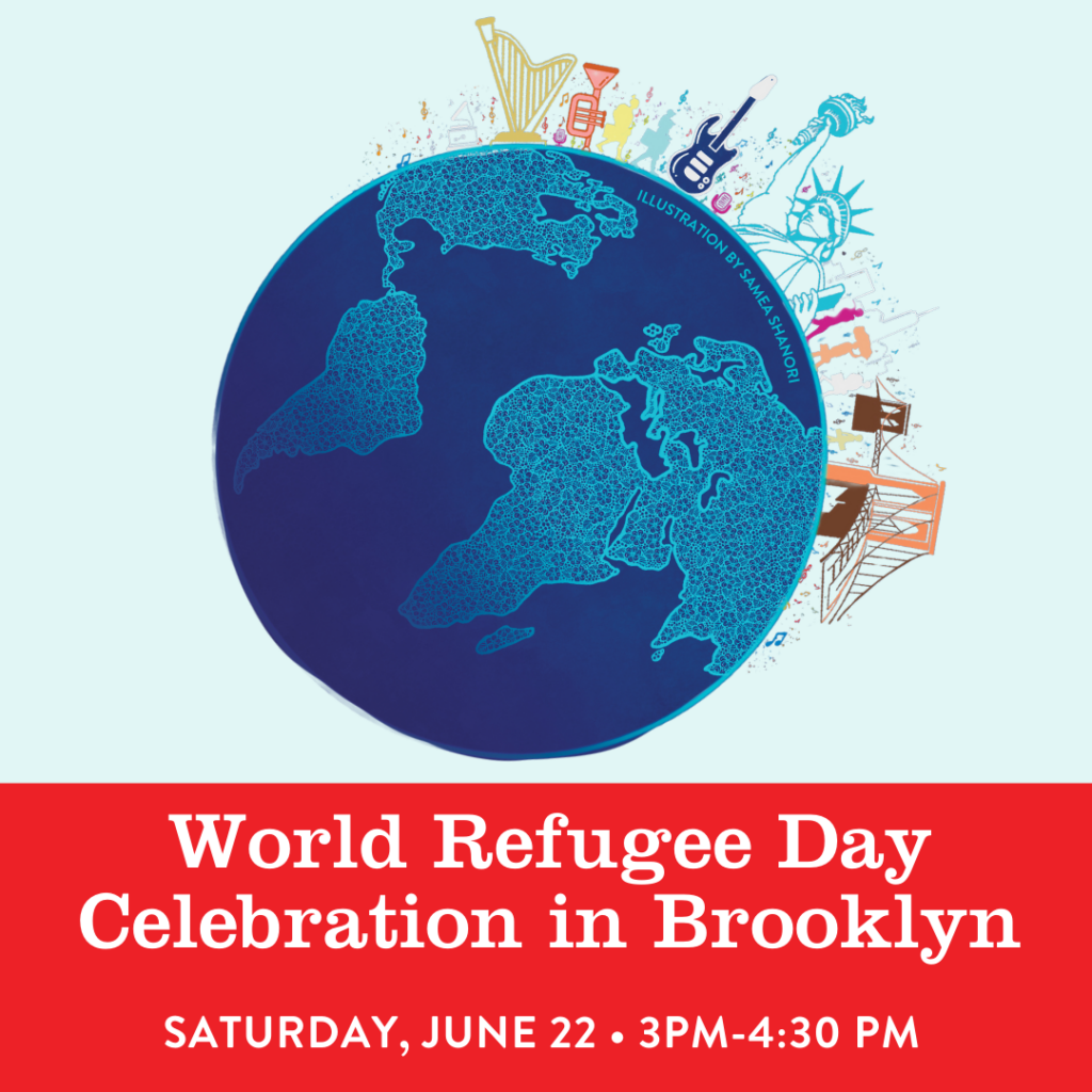 A red flyer with a globe on it that says "World Refugee Day Celebration in Queens"