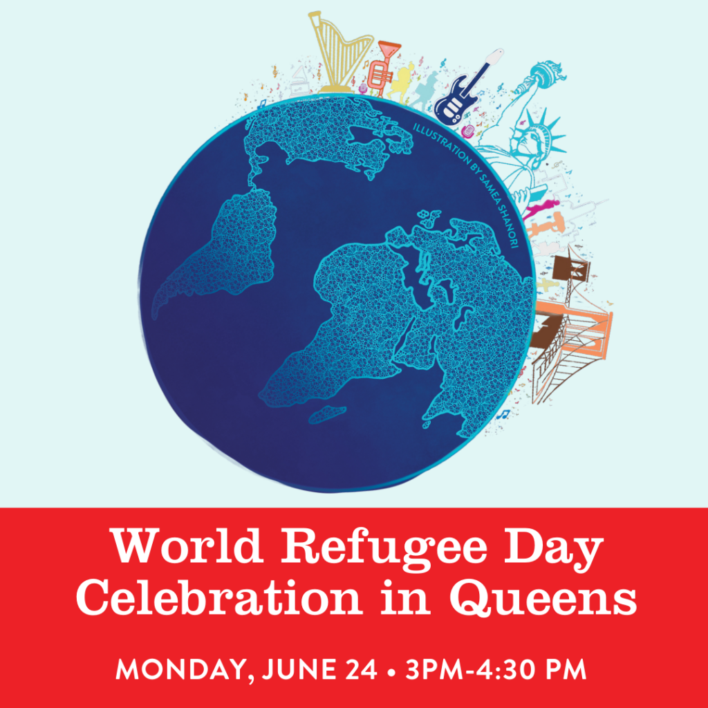 A red flyer with a globe on it that says "World Refugee Day Celebration in Queens"