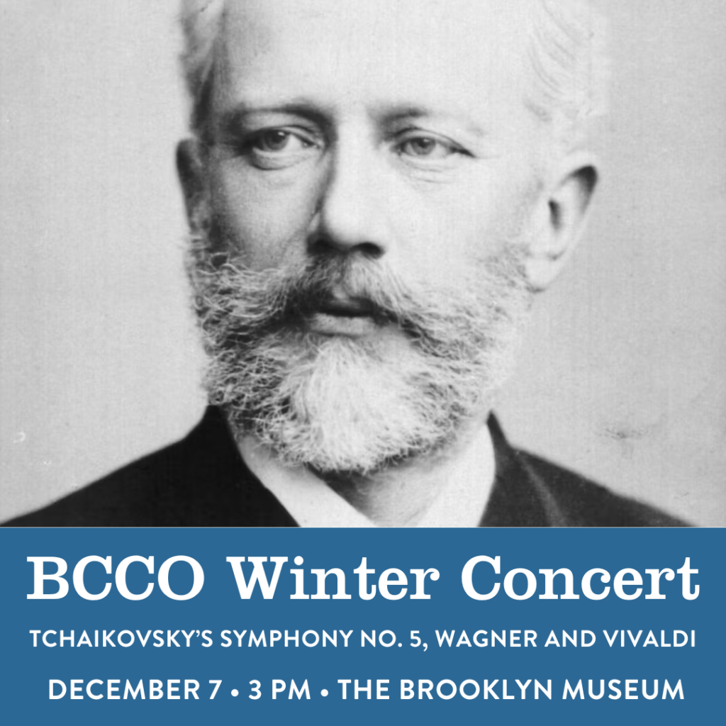 A flyer featuring the composer Pyotr Ilych Tchaikovsky, for the BCCO's 2024 Winter Concert.