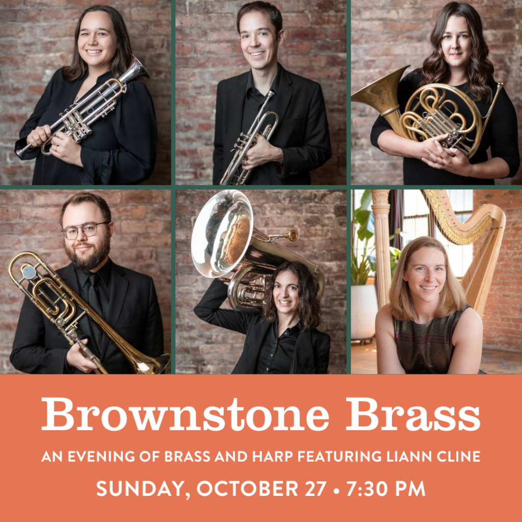 A flyer for Brownstone Brass's performance at the Brooklyn Conservatory of Music, featuring harpist Liann Cline.