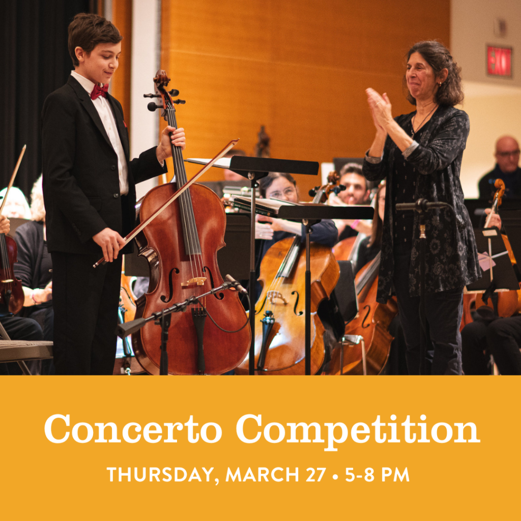 Flyer with a teen cello student performing wtih the Brooklyn Conservatory Community Orchestra