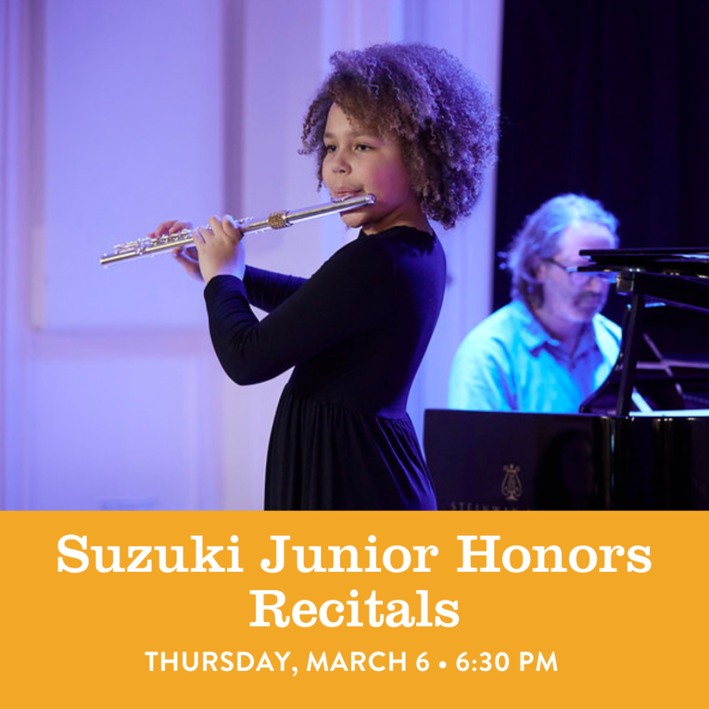 A Suzuki flute student performing on stage with a pianist accompanying them