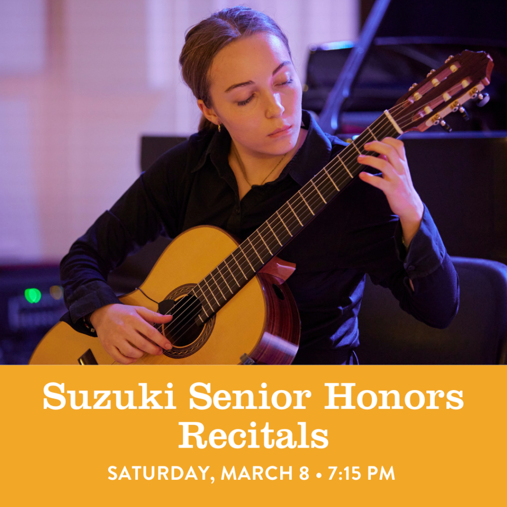 A Suzuki teen guitar student performs on stage