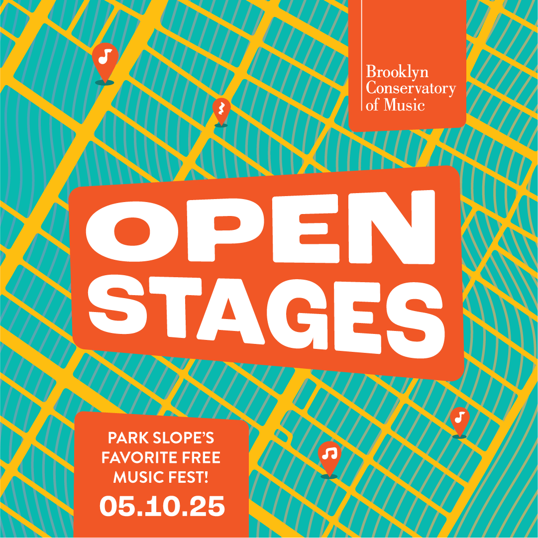 A flyer for Open Stages 2025 featuring a map of Park Slope