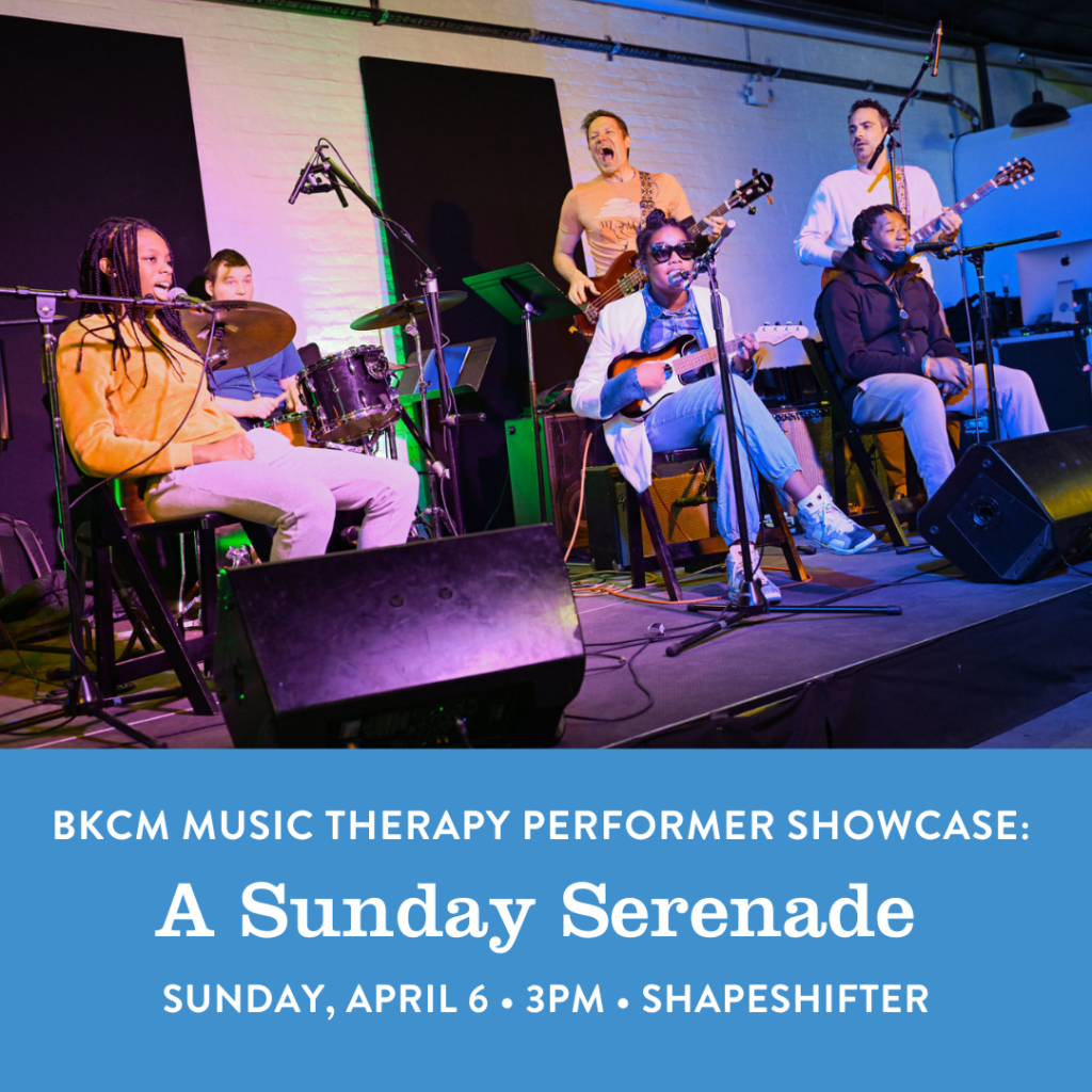 A flyer for BKCM's Music Therapy Sunday Serenade featuring a band with five musicians performing on stage