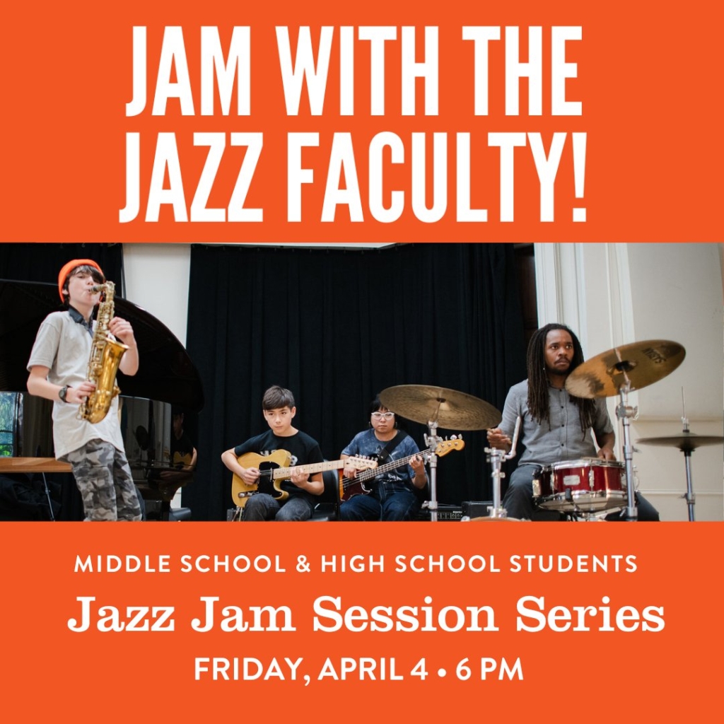 A flyer for the Jazz Jam on April 4, 2025, featuring students playing instruments on stage