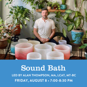 A flyer for the sound bath featuring the music therapist Alan Thompson sitting in a room full of plants