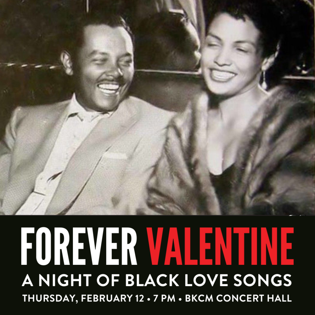 A couple smiling and laughing together and text describing Forever Valentine, an event on February 12 at BKCM