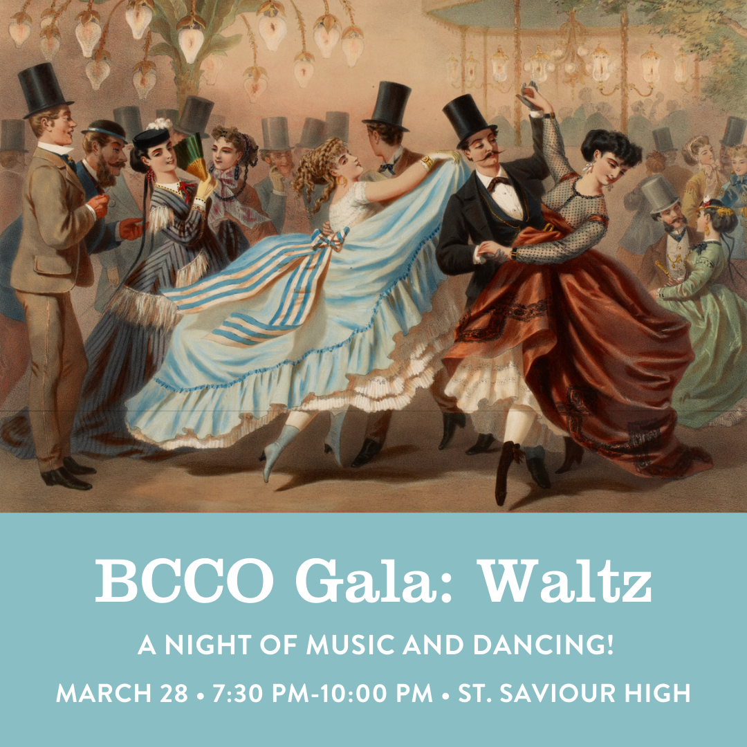 A flyer for the BCCO's gala on March 28, 2026, featuring an image of people dancing in gowns and top hats.