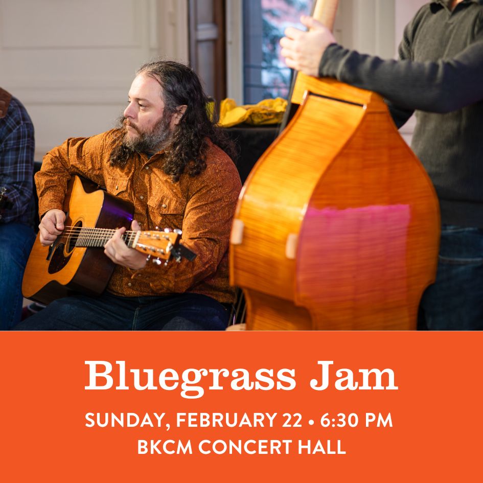 A flyer for the February 22, 2026 Bluegrass Jam featuring Christian Apuzzo playing guitar