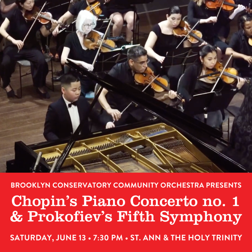 A flyer featuring pianist Alexander Liu performing with the Brooklyn Conservatory Community Orchestra
