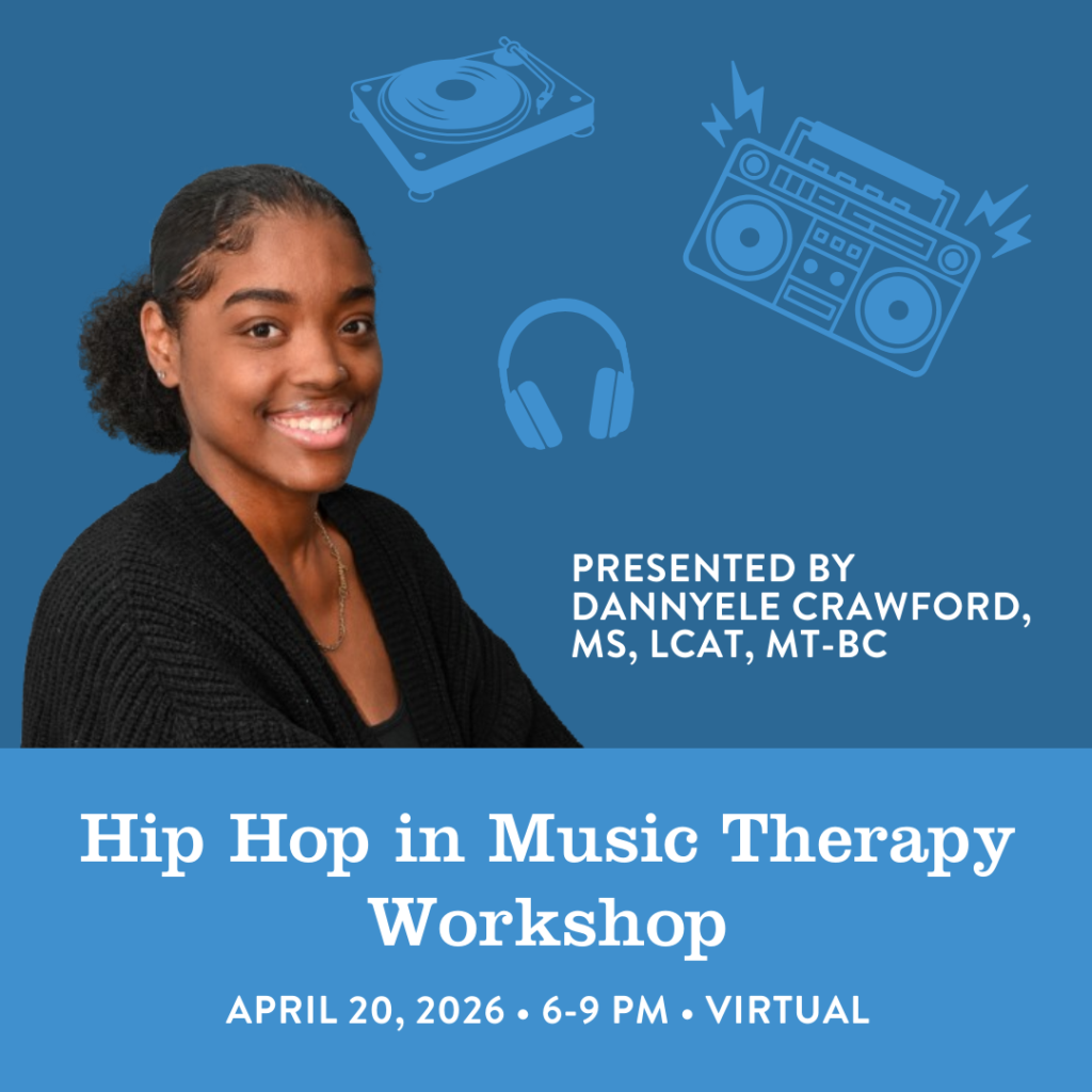 A flyer for Hip Hop in Music Therapy workshop with Dannyele Crawford