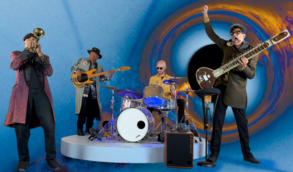 The band Quadrature in front of a swirling blue background