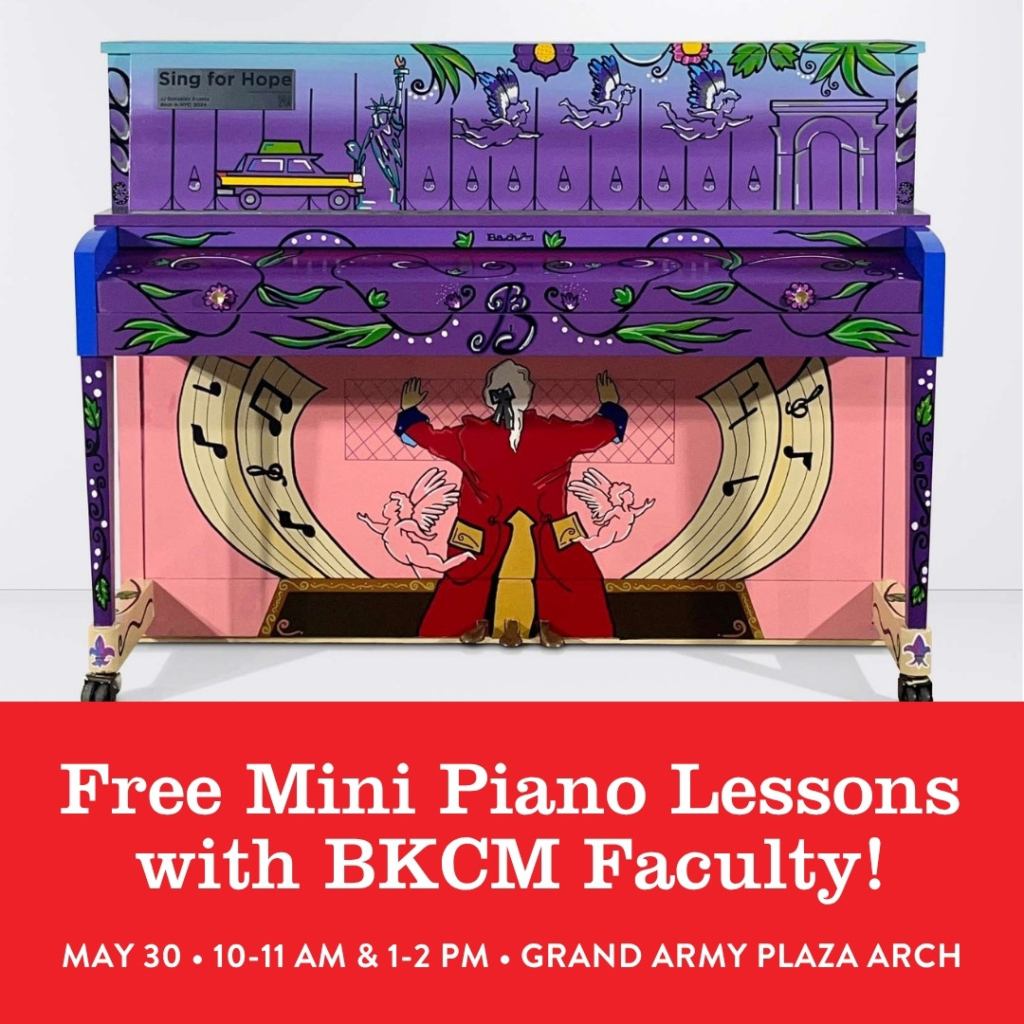A graphic with a piano for the Free Mini Piano Lessons with BKCM Faculty on May 30, 2026