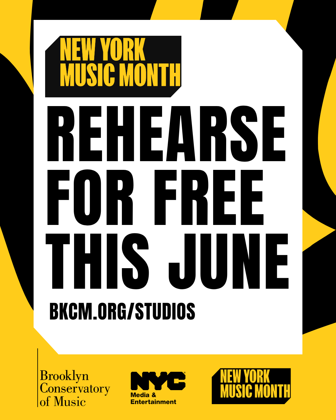 A flyer for free rehearsal time at BKCM this june for New York Music Month
