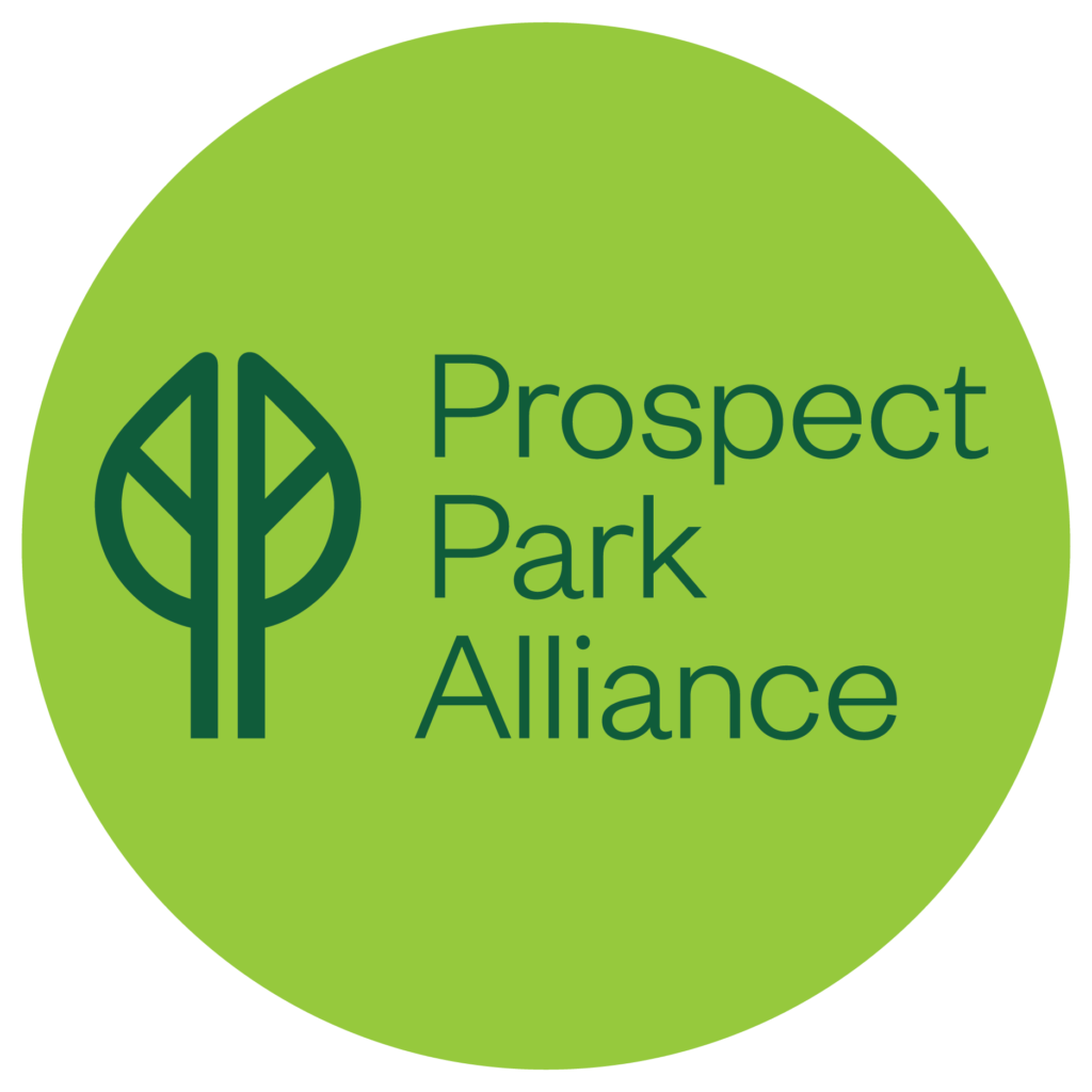 A green logo for Prospect Park Alliance featuring the outline of a leaf