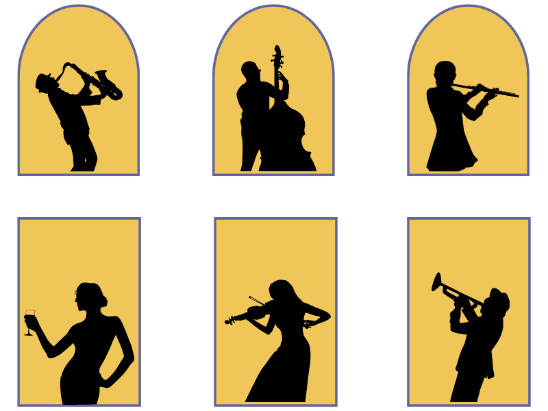 Silhouettes in yellow windoes playing instruments