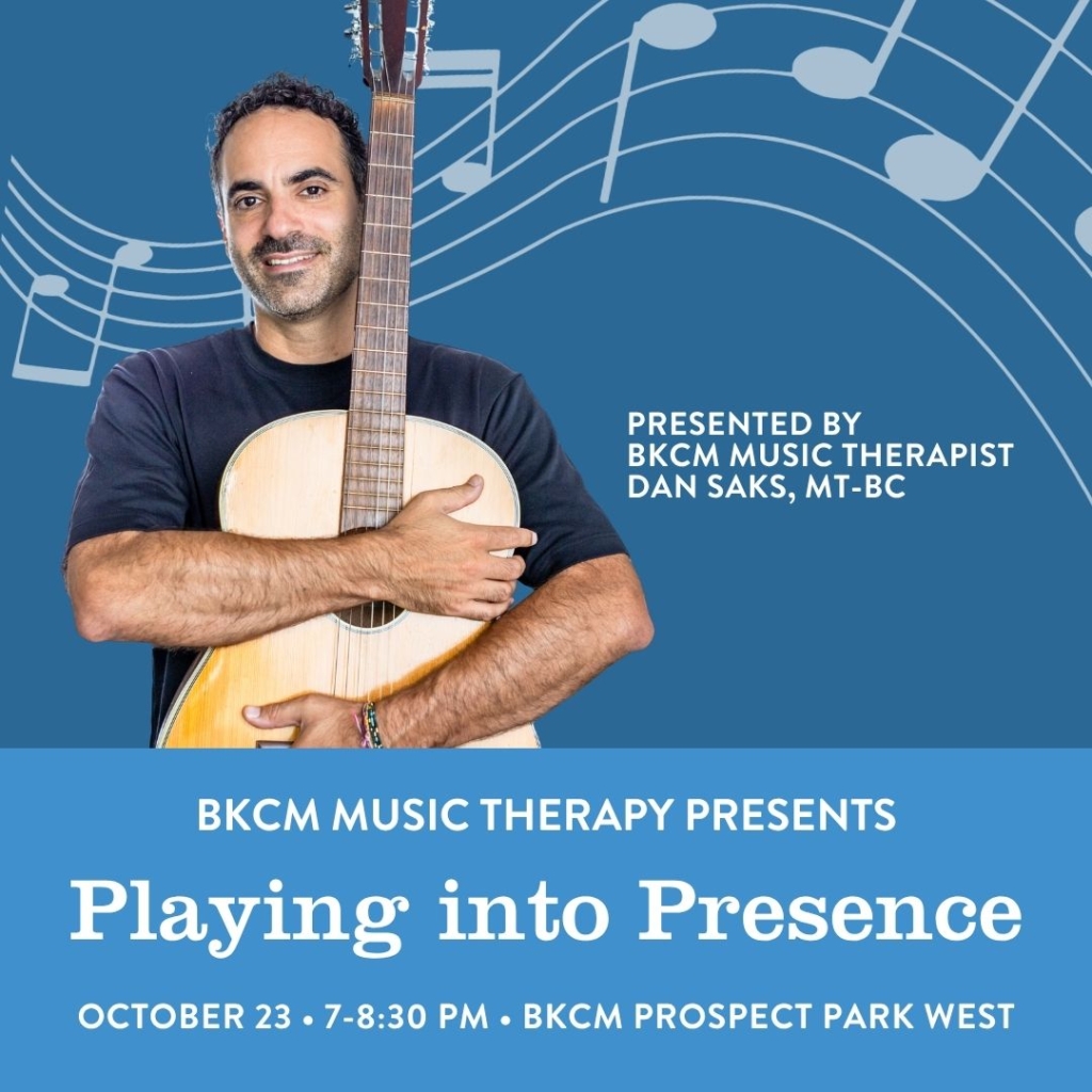A flyer for Playing into Presence featuring Dan Saks holding an acoustic guitar