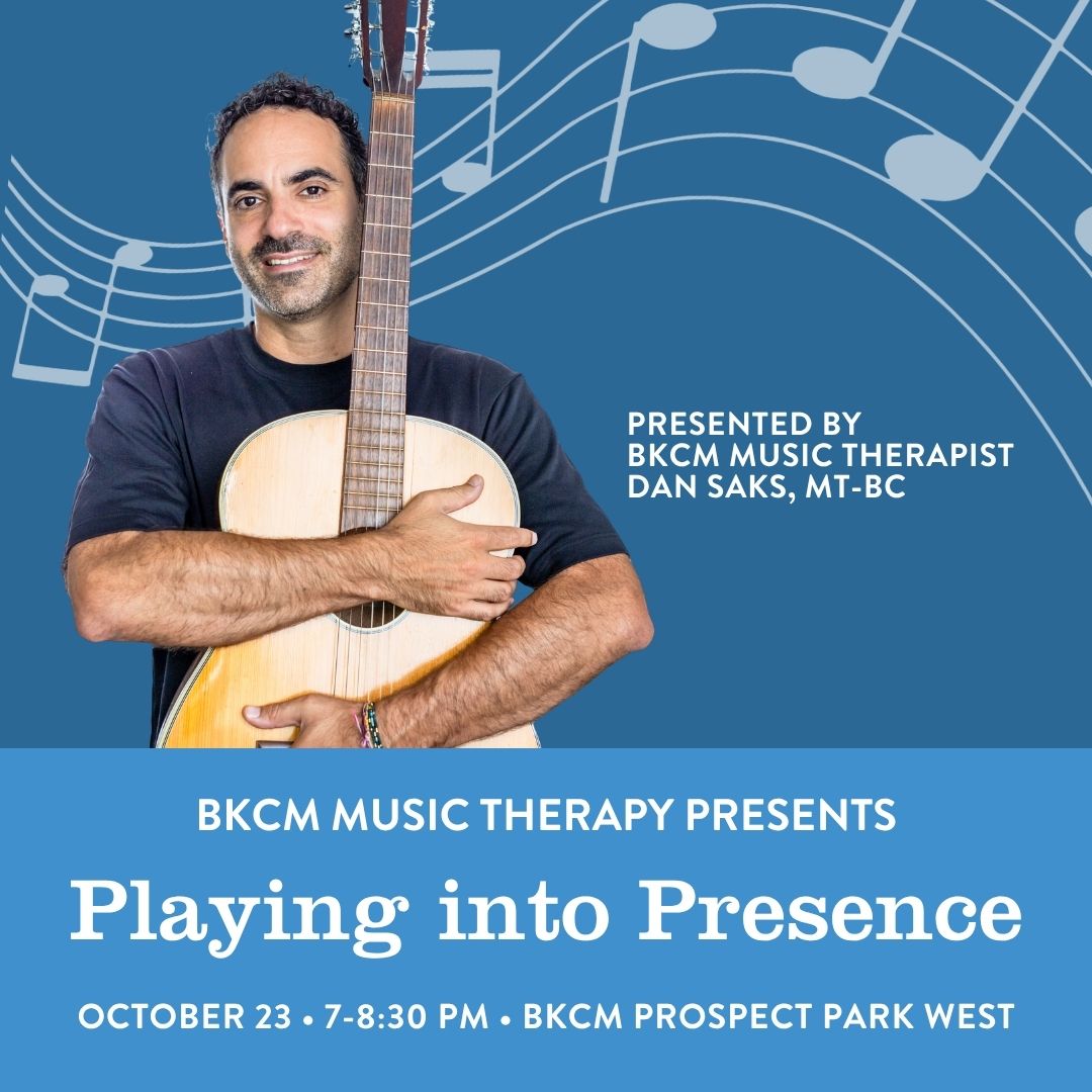 A flyer for Playing into Presence featuring Dan Saks holding an acoustic guitar