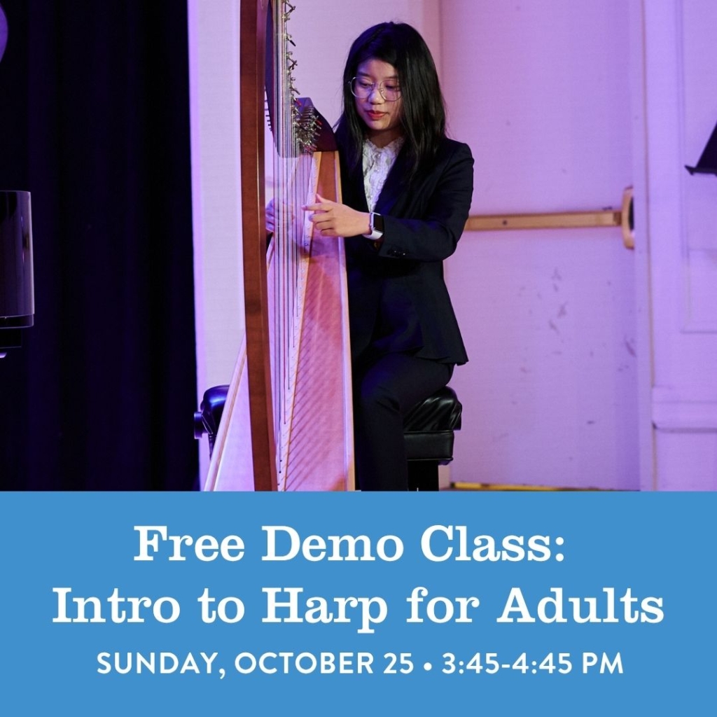 A flyer for the demo class in Intro to Harp